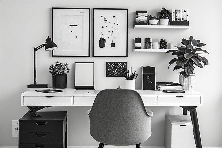 Black and white monochrome desk setup