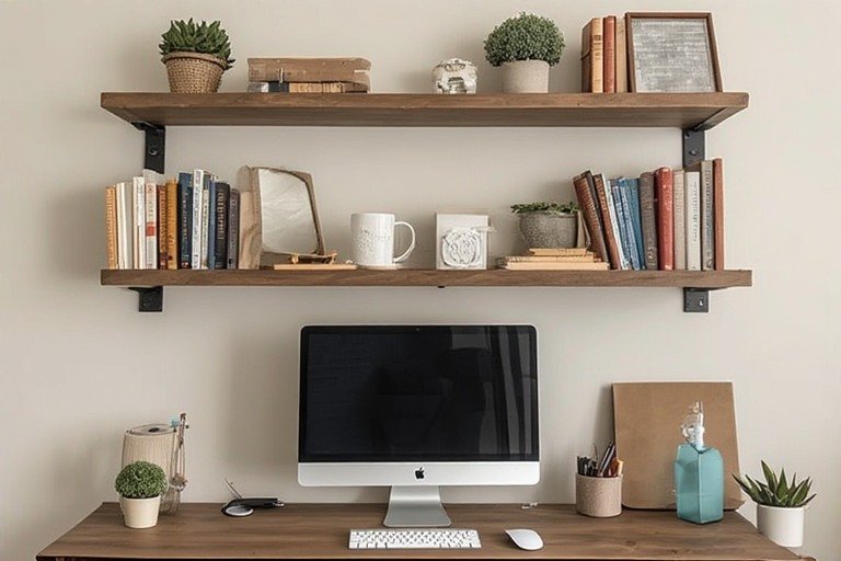 Desk with floating shelves above for clean organized storage