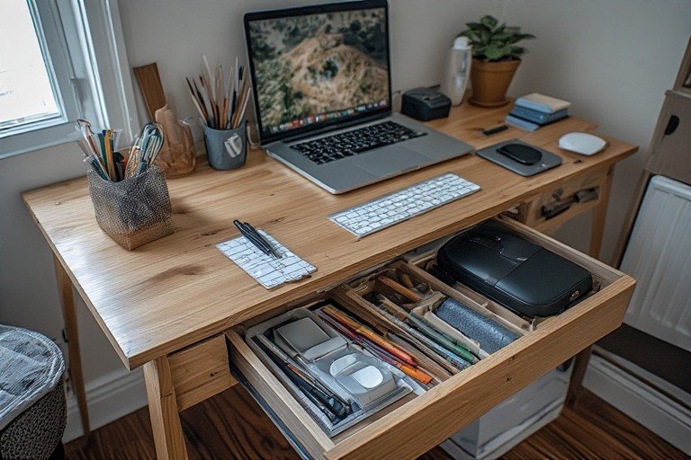 Desk with integrated storage drawers for clean workspace