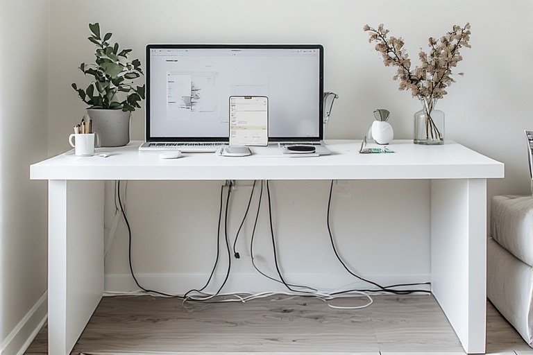 Clean white minimalist desk setup with organized workspace and hidden cables