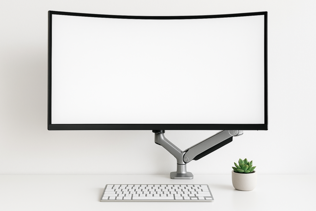 Close up of a single 32-inch curved monitor mounted on a silver gas-spring arm. Below it is a wireless silver keyboard and a single succulent. No visible wires. Minimalist aesthetic