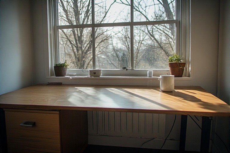 Compact desk under bright window with natural light