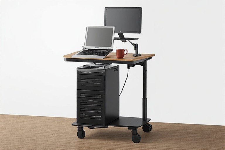 Compact rolling desk cart with laptop, monitor stand, and storage