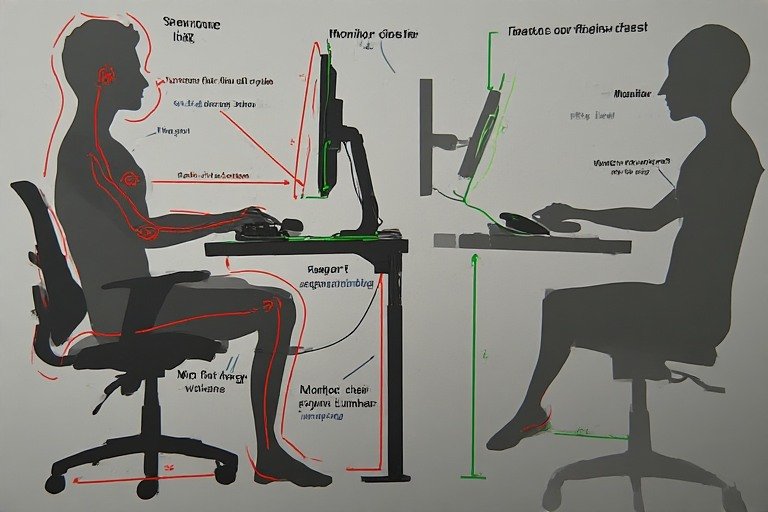 Gaming desk ergonomics diagram showing proper monitor and chair positioning