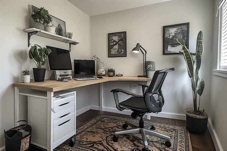 L-shaped corner desk clean setup