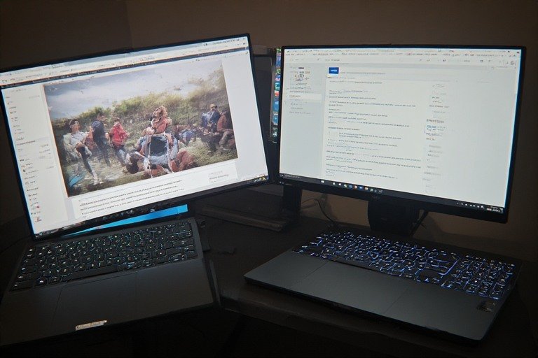 Dual monitor laptop desk setup