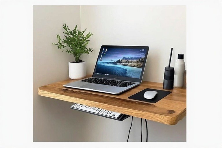 Floating wall-mounted desk laptop setup
