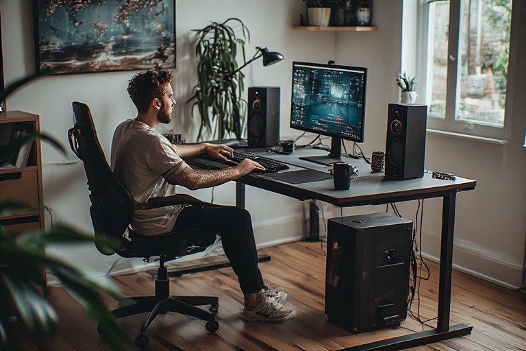 Gamer at properly optimized gaming desk setup enjoying gameplay