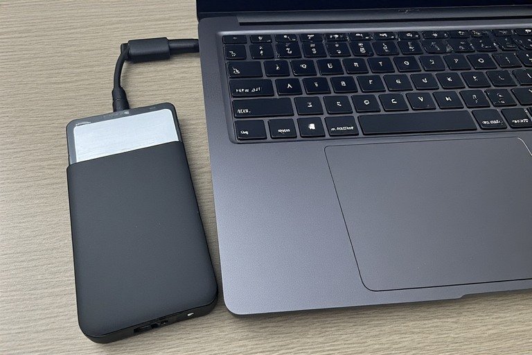 Laptop desk setup with external hard drive and cloud backup