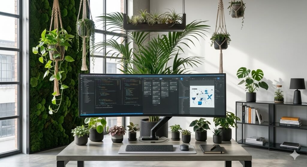 modern aesthetic desk with metal and glass contemporary design