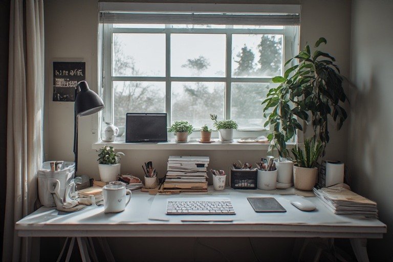 Multi-purpose minimal desk setup with defined work zone