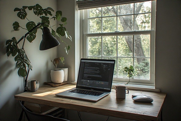 Natural light laptop desk setup beside window
