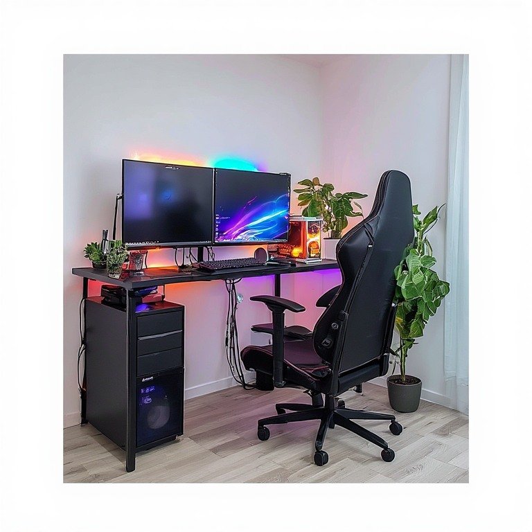 RGB gaming setup with dual monitors, LED strips, and synchronized lighting