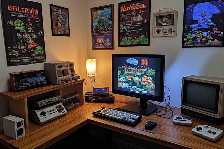 Retro gaming desk setup with vintage posters, Game Boy, and CRT monitor