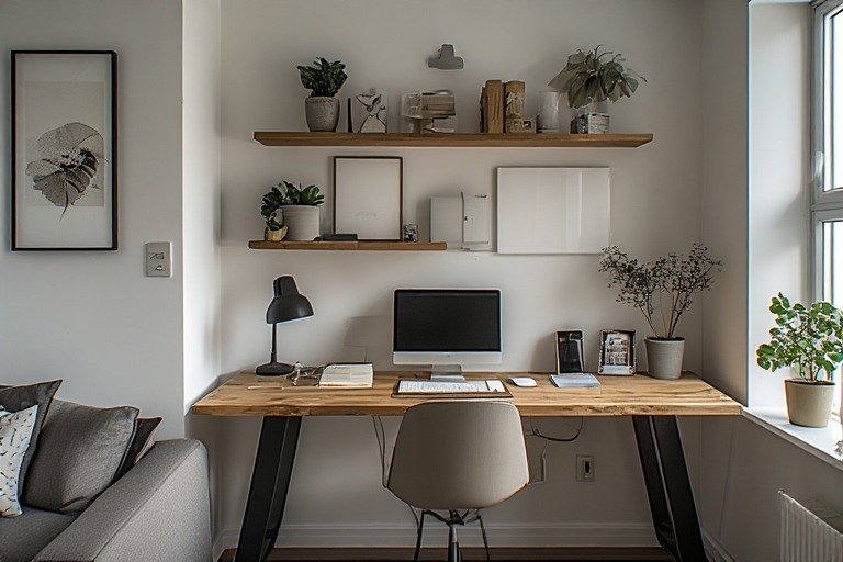 Small desk setup in modern apartment with floating desk and wall shelves