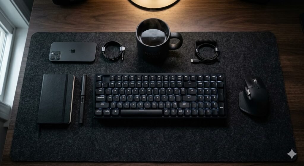 Top-down view (flat lay) of a matte black desk setup. Black mechanical keyboard with subtle white backlighting