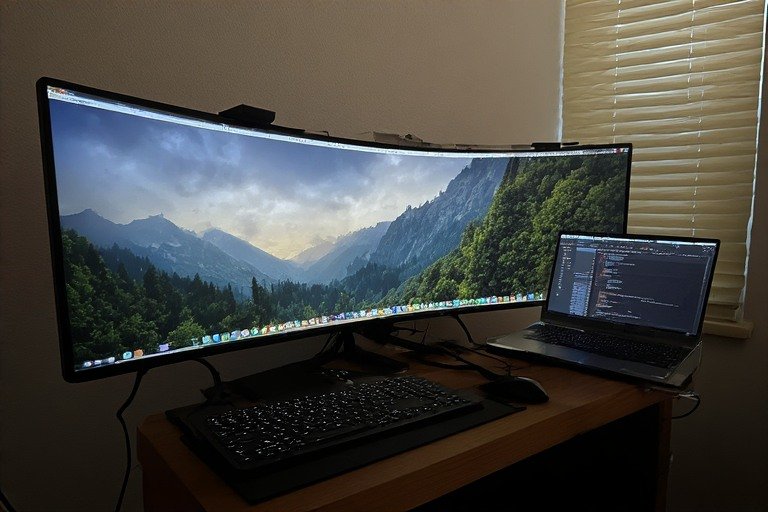 Ultrawide monitor laptop desk setup