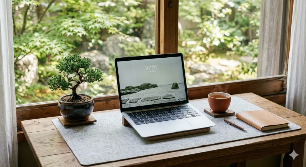 A "Zen" desk setup featuring a light grey felt mat, a handcrafted ceramic cup, a small bonsai tree, and a slim silver laptop. The background is a soft-focus window showing a garden.