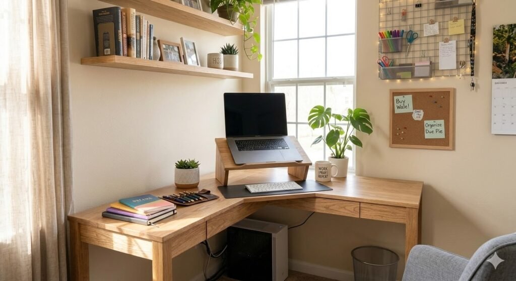 compact laptop desk setup with wooden stand]