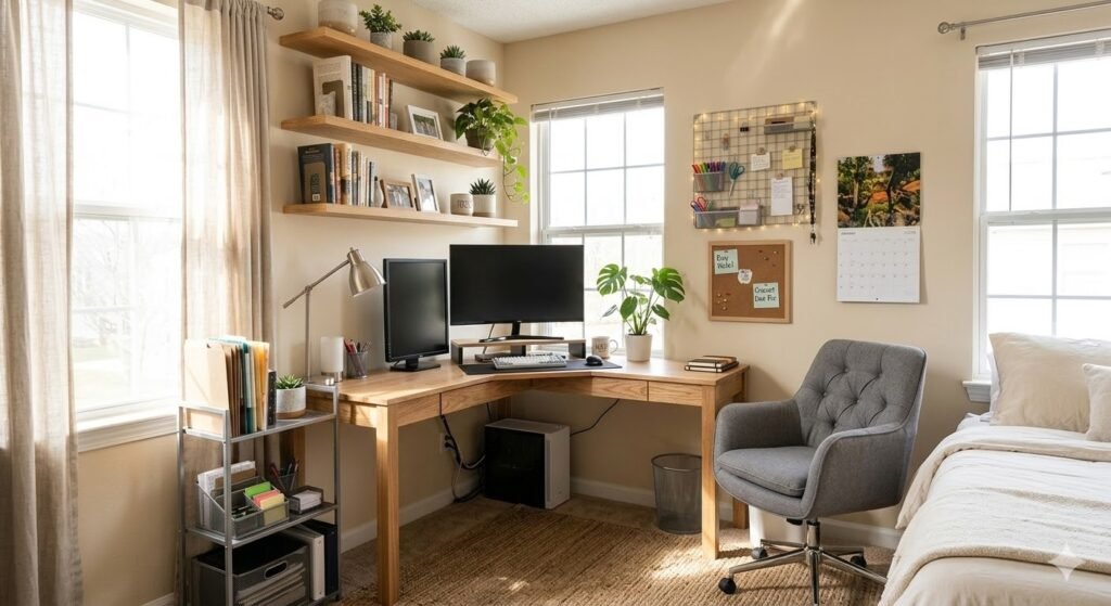 corner desk setup in bedroom with good light and storage]