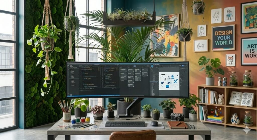 creative workspace with colorful walls and displayed artwork