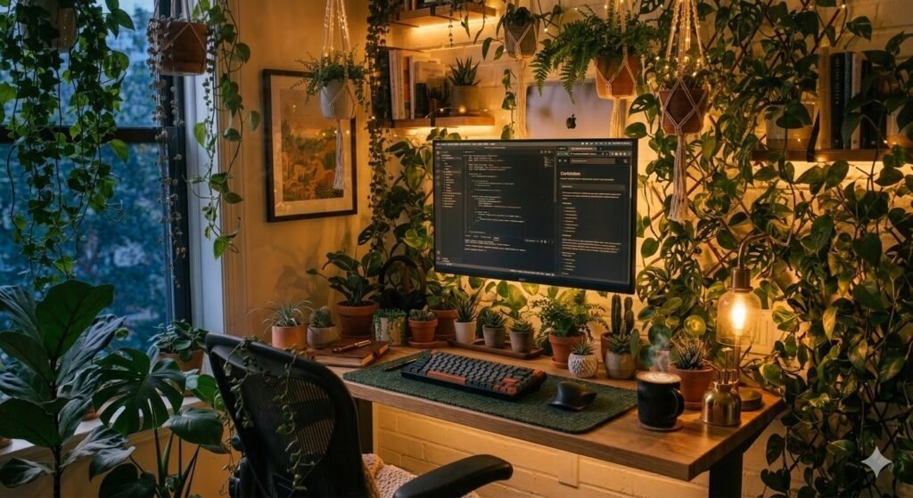 desk setup with warm task lighting and ambient glow]