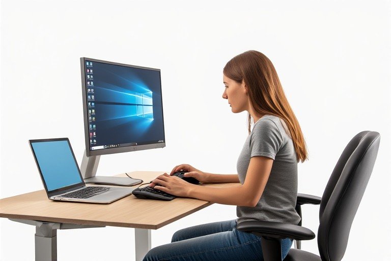 woman sitting at desk looking at monitor. no mouse pain , fix