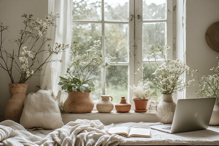 Cottagecore botanical desk setup with plants, terracotta, and dried flowers