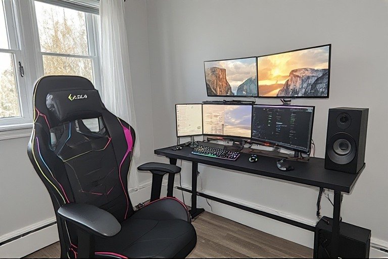 Dark minimal tech cave desk setup with all-black peripherals and LED accent lighting