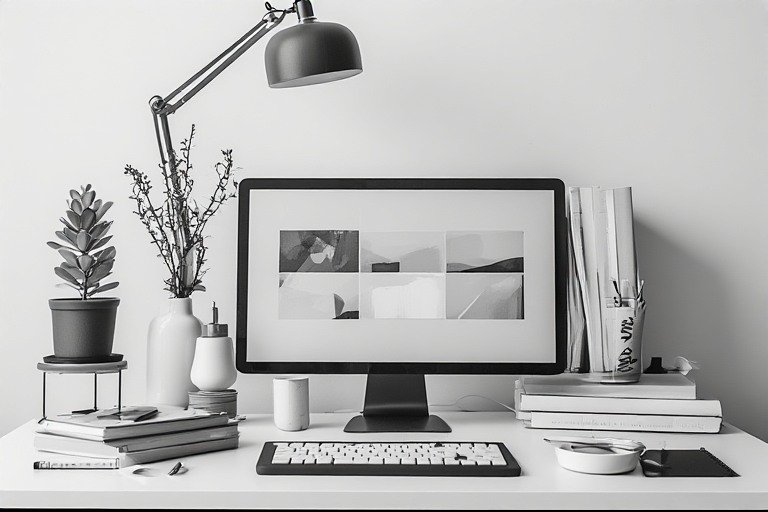 Editorial monochrome desk setup in black and white