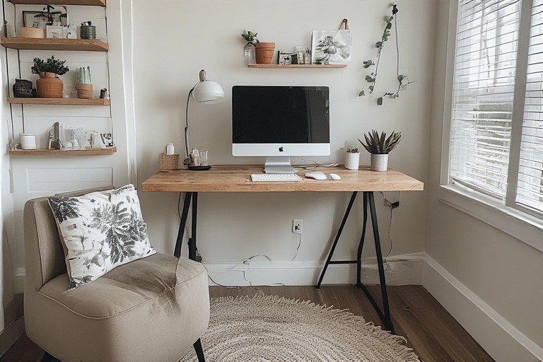 Aesthetic desk setup in small apartment bedroom corner with renter-friendly wall decor