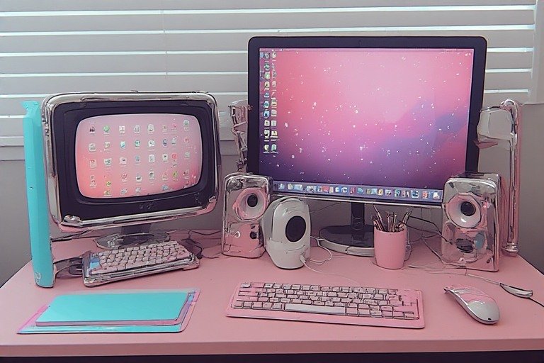 Y2K pastel tech desk setup with chrome accents and colorful accessories