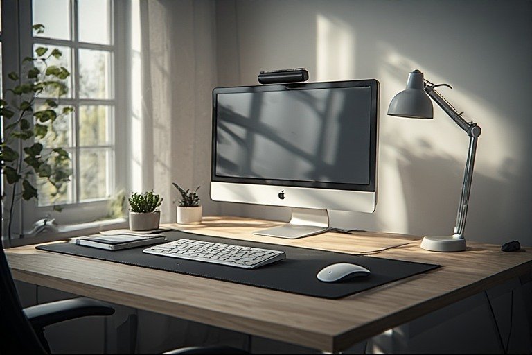 A photorealistic wide-angle shot of a professional work from home desk setup