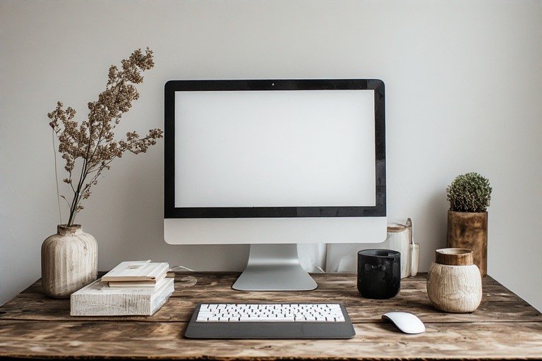 Japandi desk setup with natural materials and minimalist aesthetic