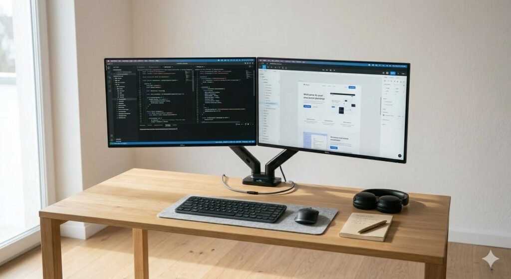 dual monitor side-by-side setup on large desk