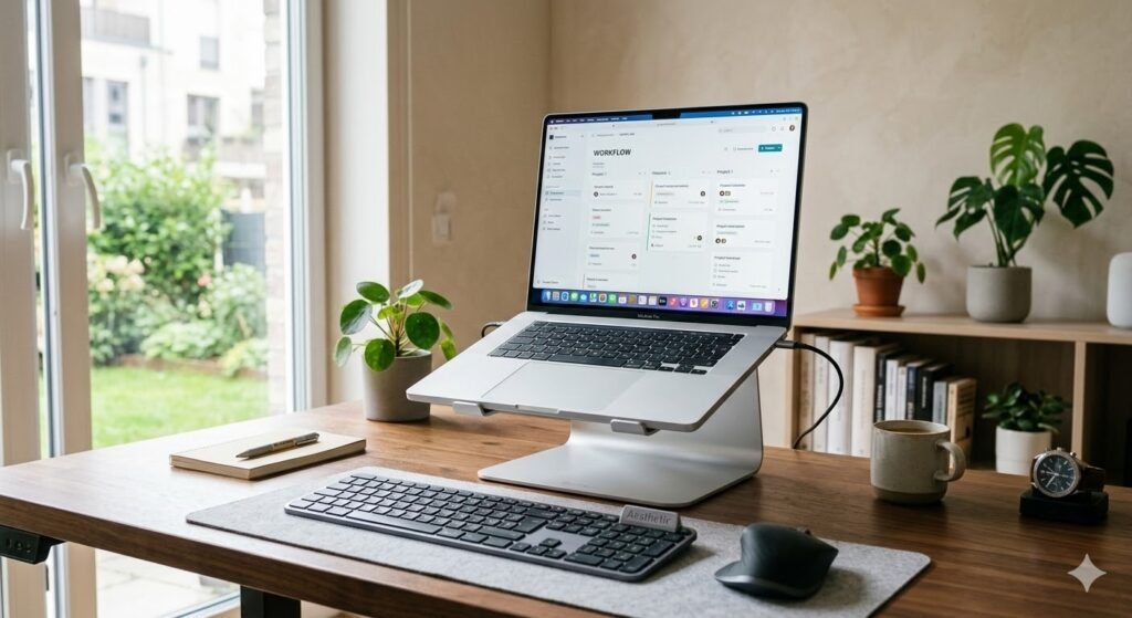 laptop stand workspace with separate keyboard and mouse