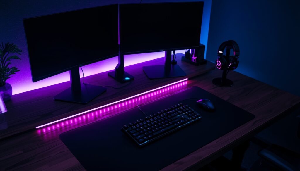 IKEA gaming desk setup with KARLBY dark oak and dual monitors