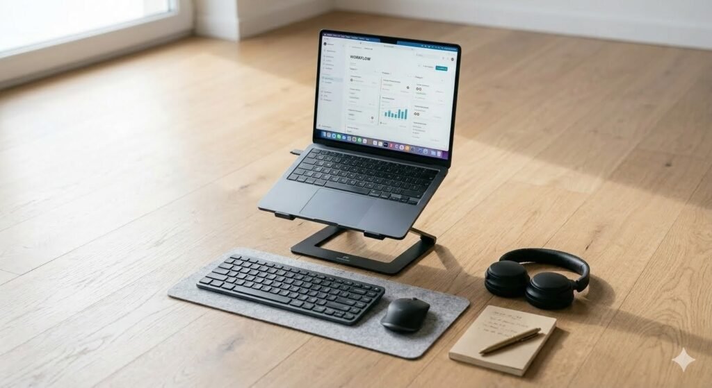 minimal laptop workspace on small desk