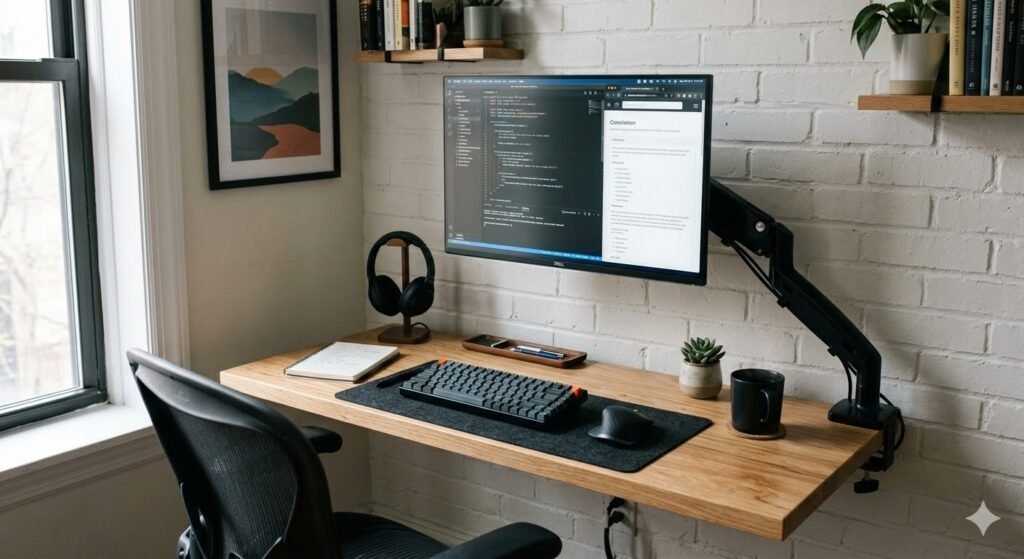 narrow desk layout with articulating monitor arm