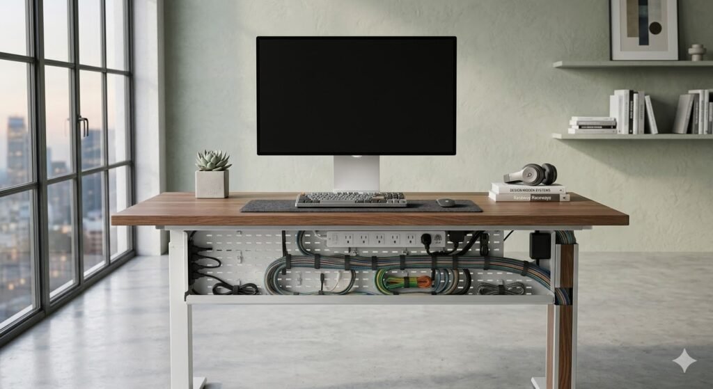 cables hidden behind monitor arm clean view