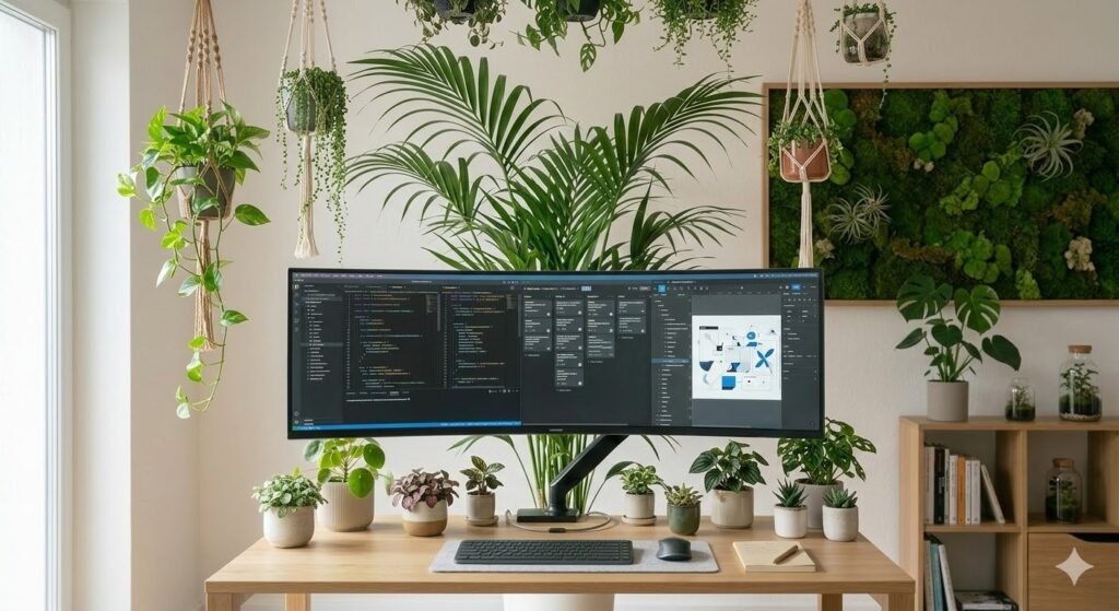 plants with monitor and natural desk