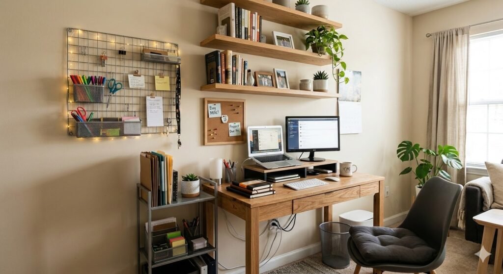 small apartment desk with vertical storage and wall-mounted elements