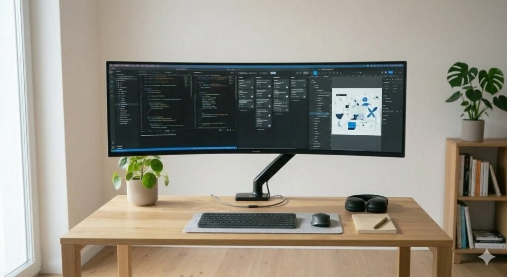 ultrawide curved monitor setup on minimal desk