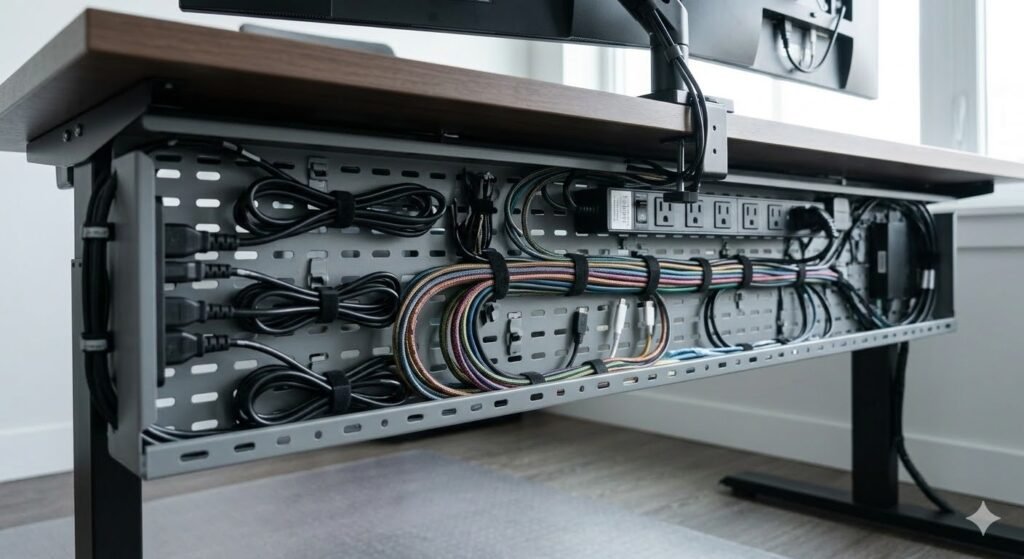 under-desk cable tray system organized and hidden