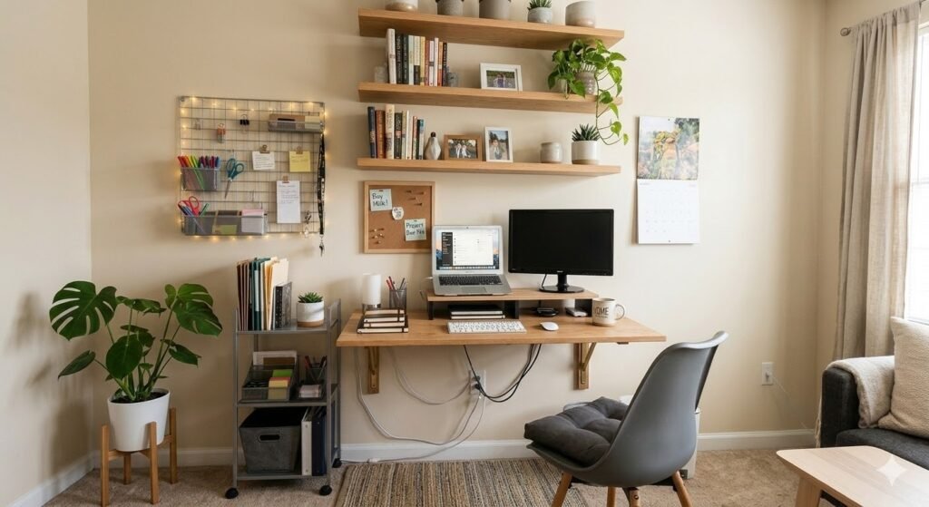 wall-mounted fold-down desk in small apartment]