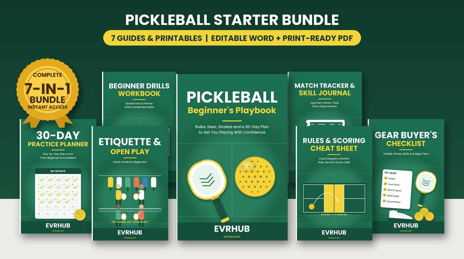 Pickleball Starter Bundle: Beginner's Playbook, Cheat Sheet, 30-Day Planner, Drills Workbook and More (Printable PDF)